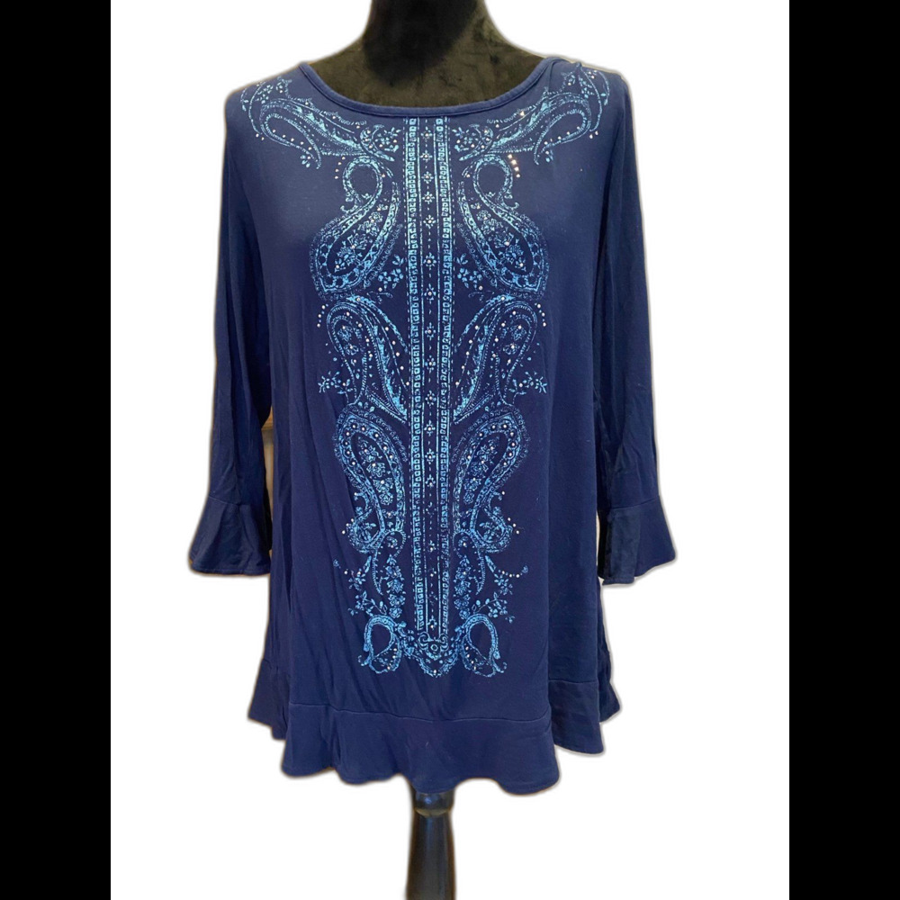 Westport Womens Blouse Navy Size‎ Large Ruffle Hem Comfy Boho Peasant Top